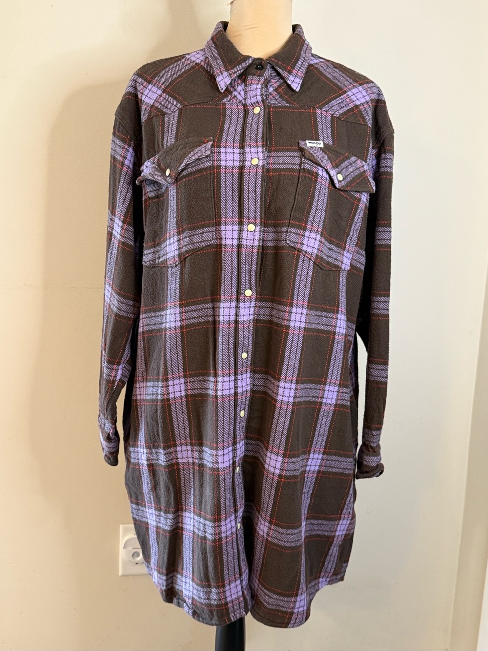Wrangler western purple plaid flannel midi shirt dress warm SZ M